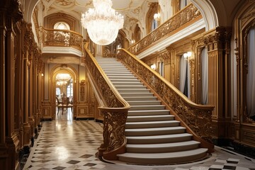 Crystal Chandelier Elegance: Baroque Palace Grand Hallway Designs & Grand Staircase Splendor