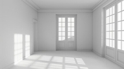 A white room with a large window and a door. The room is empty and has a very clean and simple design