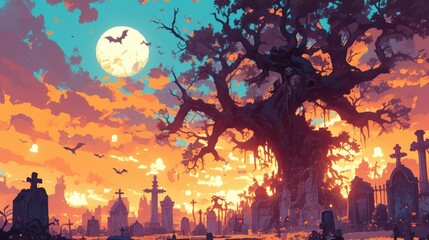 2d Halloween night illustrations featuring a sinister tree in a spooky cemetery are available for download - obrazy, fototapety, plakaty