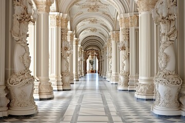 Majestic Baroque Palace Grand Hallway: Marble Floors and Ornate Columns Splendor - obrazy, fototapety, plakaty