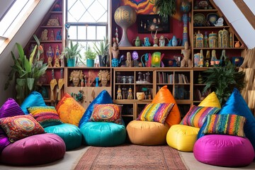 Colorful Bohemian Rhapsody Music Studio Ideas: Exotic Statues & Bean Bags Splendor