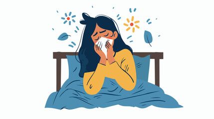 Sick young woman cough sneeze rest in bed at home blo