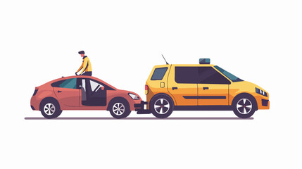 Tow truck with a driver carries a hatchback car. vector - obrazy, fototapety, plakaty