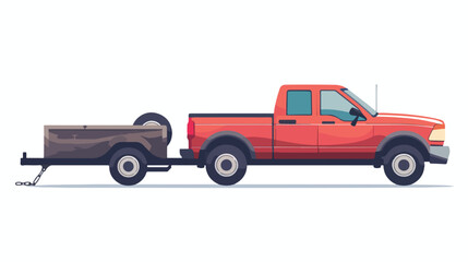 Towing pickup truck with trailer isolated. Vector fla