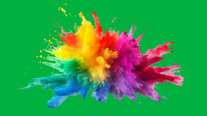 Dynamic explosion colored powder against green screen chromakey background. Abstract backdrop with paint cloud - 789944338