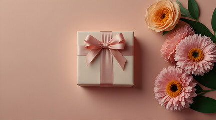 3D podium, display, background. Red, surprise, open gift box. Rose flower falling petals. Luxury cosmetic product presentation. Abstract, love, valentines day or woman's day. Genrative.ai 

