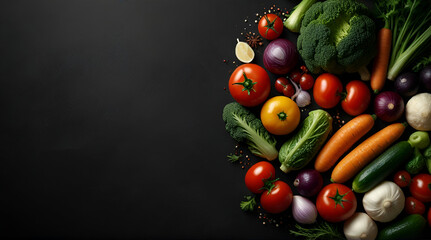 Many fruits and vegetables falling into water against black background. Genrative.ai 
