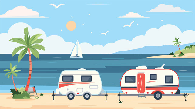 Trailers caravan on weekend holiday. Summer sea lands