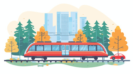 Train on railway and car with forest and city. Vector