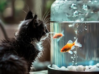 Indoor Observation: Black and White Cat Feeding on Fish in Aquarium - obrazy, fototapety, plakaty
