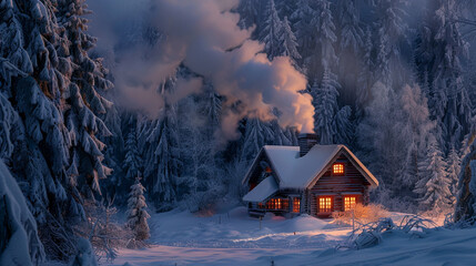 A cozy cabin nestled in a snowy forest, with smoke rising from the chimney and warm light glowing from the windows, creating a cozy winter retreat
