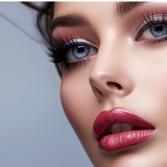 Close-up of a woman's beautiful face with flawless makeup. Advertising of a beauty salon, cosmetics, modeling business. Printing on banners, posters, advertising booklets.