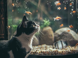 Indoor Observation: Black and White Cat Feeding on Fish in Aquarium
