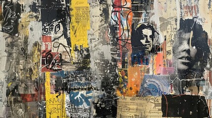 Mixed media art piece displaying a collage of urban textures, graffiti, and classical painting techniques, rich in detail and contrast