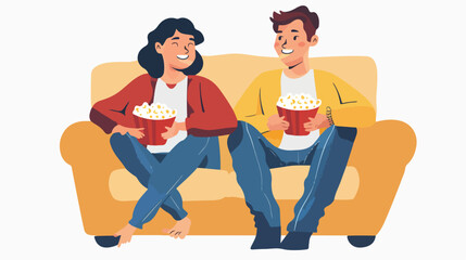 Smiling couple relaxing and watching TV at home eatin