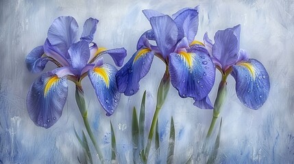   Three irises, purple in hue, bear water droplets on their petals Green stems anchor them before a blue backdrop - obrazy, fototapety, plakaty