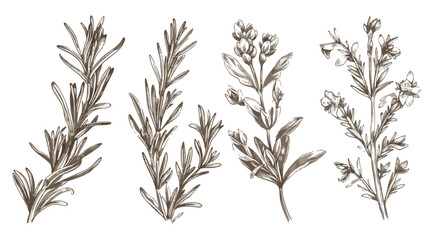 Set of Four monochrome drawings of rosemary plants