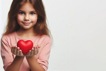 kid girl holding a small red heart isolated on white background copy space