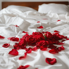 Red rose petals over white bed covers 