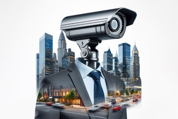 Man with a head cctv city street security camera isolated on white background