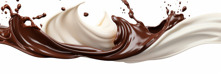 Splash of chocolate and white milk flow mixed on white background	
