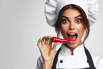 chef woman with open mouth holding Chili pepper isolated on a white background copy space