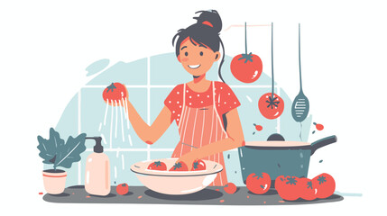 Smiling woman washing tomatoes before cooking. 