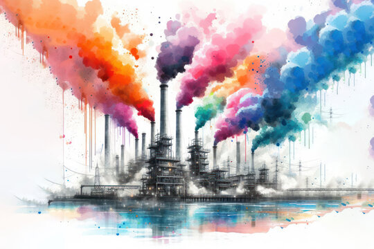 color ink painted factories smoke coming out white background