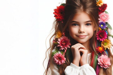 Naklejka premium kid girl with colorful flowers in her long hair, love and emotion concept isolated on white background