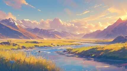 Fototapeta premium A picturesque scene unfolds as the sun sets behind towering mountains casting a warm glow on the grassy river bank in a 2d illustration