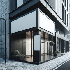 Mockup. Black white horizontal signboard on modern building wall