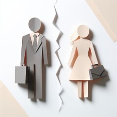 paper man and woman divorce concept on white background
