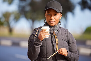 Outdoor, portrait and black girl with coffee in morning for caffeine, increase energy and happy girl. Outside, nature and Female person with beverage for walk, exercise or hiking break in winter