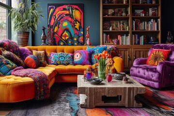 Boho Chic Eclectic Bazaar Living Room: Unique Furnishings, Vibrant Textiles & Artwork