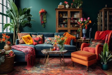 Fototapeta na wymiar Boho Chic Eclectic Bazaar Living Room: Bold Textiles, Mixed Era Decor & Unique Vibes