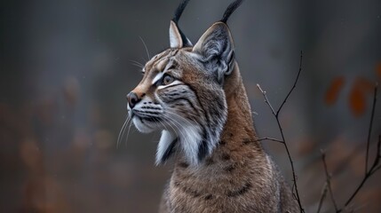   A close-up of a cat on a tree branch with a blurred background behind it