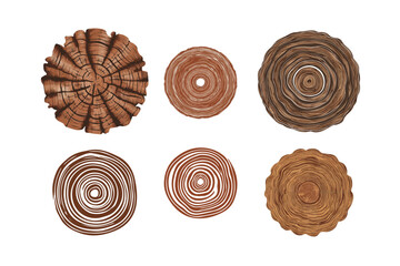 Tree ring wood circle set, Hand drawn tree ring pattern set, line ripple circle wood texture set, Wood organic slice line design Vector illustration on white background,