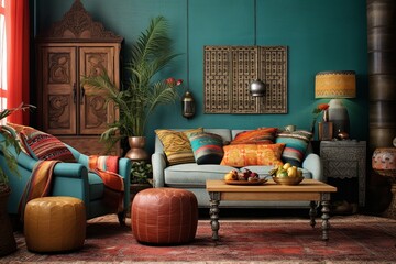 Eclectic Bazaar Living Room Ideas: Diverse Textures, Mixed Materials, Vibrant Palette, Bohemian Influences