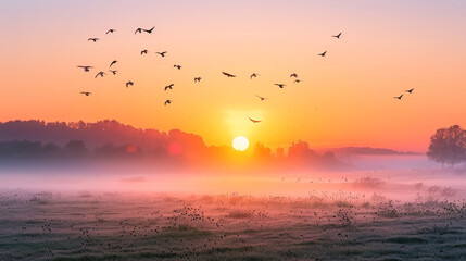 A tranquil sunrise over a tranquil countryside, with mist rising from the fields and birds singing in the distance, creating a sense of peace and serenity