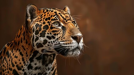   A tight shot of a leopard's face against a brown backdrop, its surroundings softly blurred behind