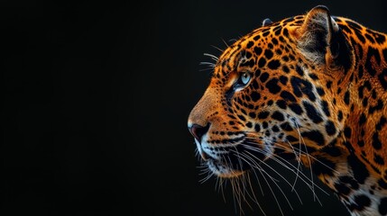 Obraz premium A tight shot of a leopard's face against a black backdrop, the background subtly blurred