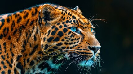   A tight shot of a leopard's face against a blurred background Alternatively, a leopard's visage with a black backdrop - obrazy, fototapety, plakaty