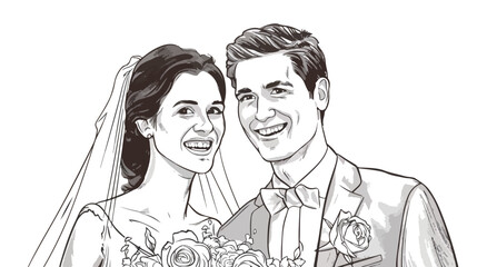 Smiling bride and groom drawn with contour lines 
