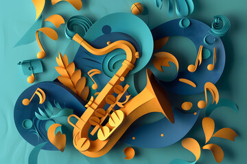 Saxophone Abstract Illustration. International Jazz Day. Paper cut art style.