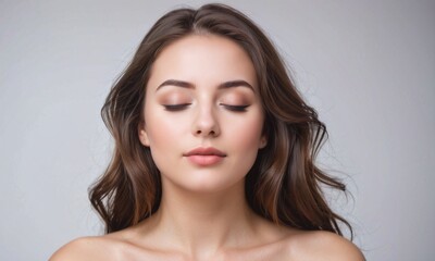 Naklejka premium Beautiful young woman with brown hair and closed eyes