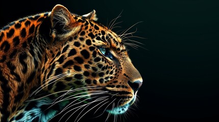   A tight shot of a leopard's face against a black backdrop, its head slightly blurred