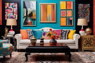 Eclectic Bazaar Living Room: Mixed Patterns, Vibrant Colors, Unique Artwork