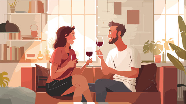 Smiling couple drinking a glass of red wine in their