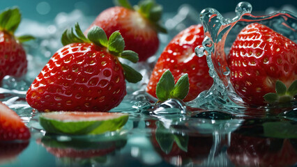 Beautiful juicy strawberries in ice water
