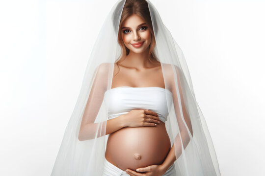 Pregnant woman wrapped in white veil isolated on white background